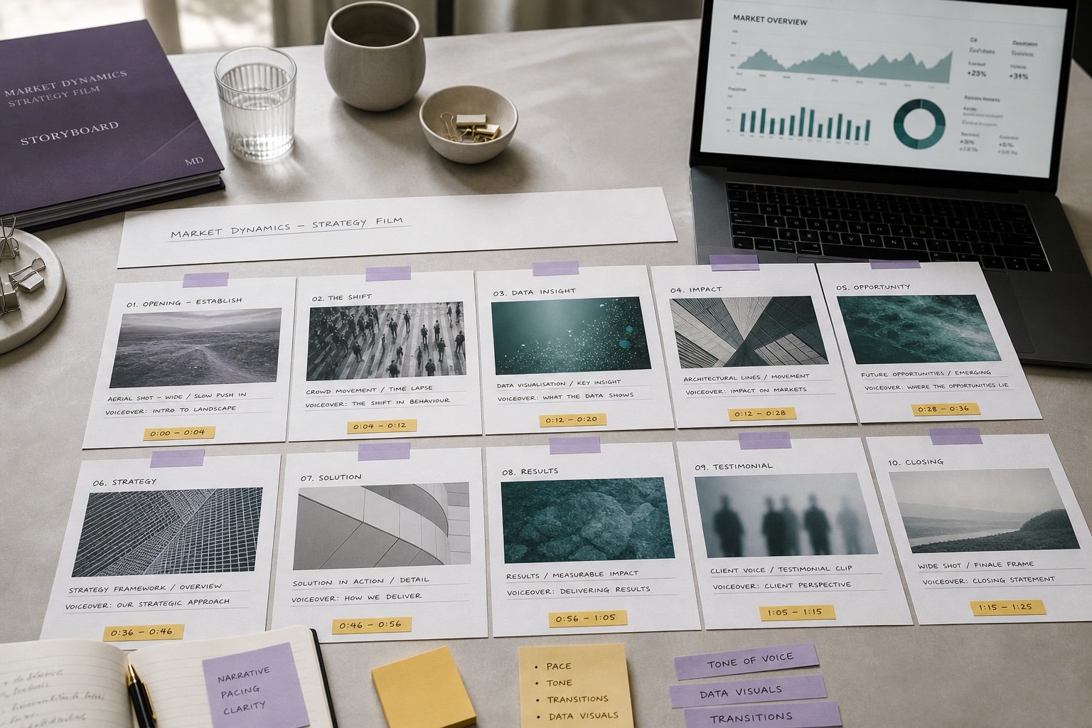 Data analytics planning desk with sequenced scene cards and charts