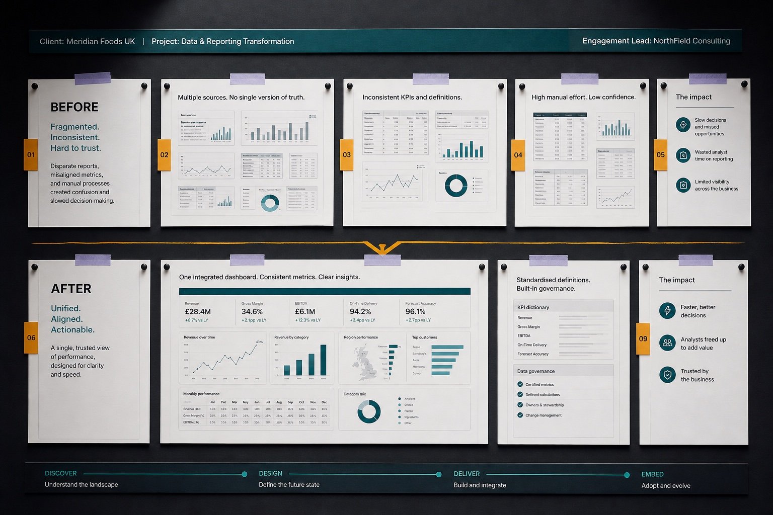 Resolved analytics sequence board showing aligned dashboards