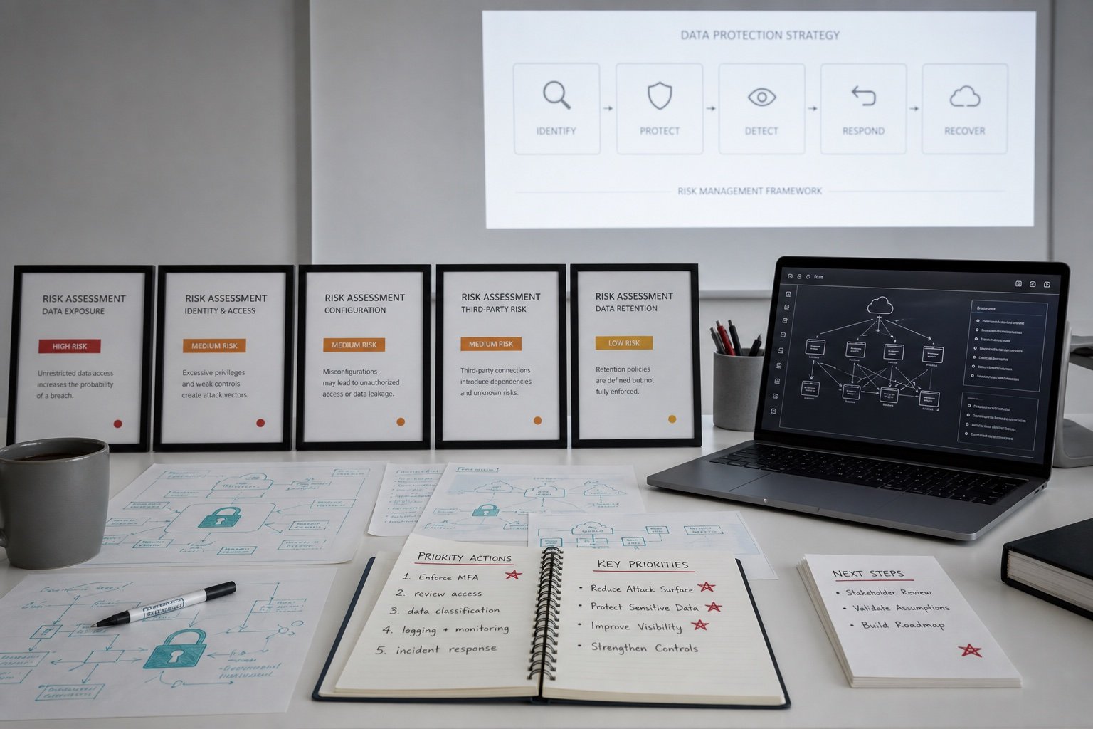 Cybersecurity planning cards on a consulting desk