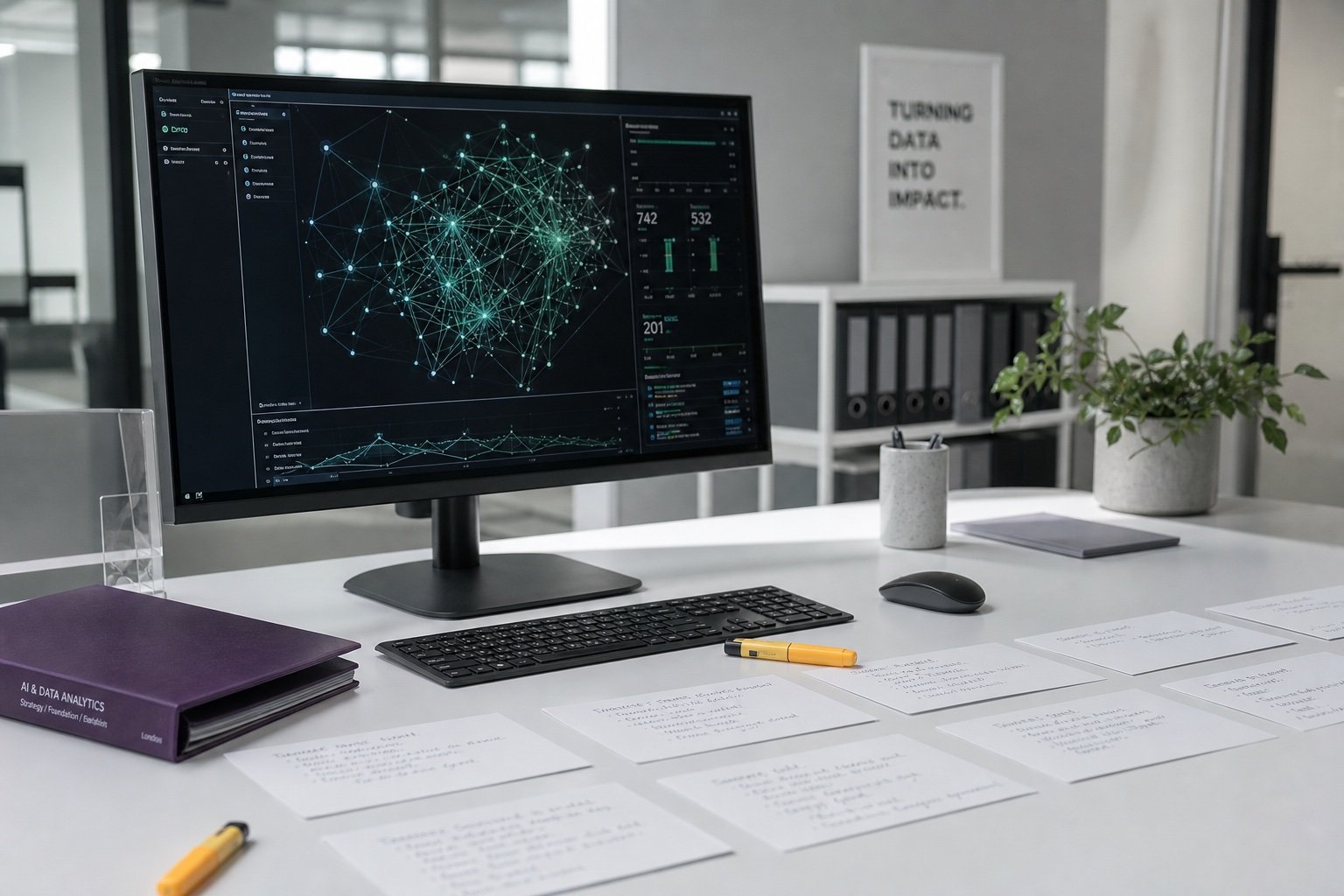 AI analytics workspace with sequenced planning notes