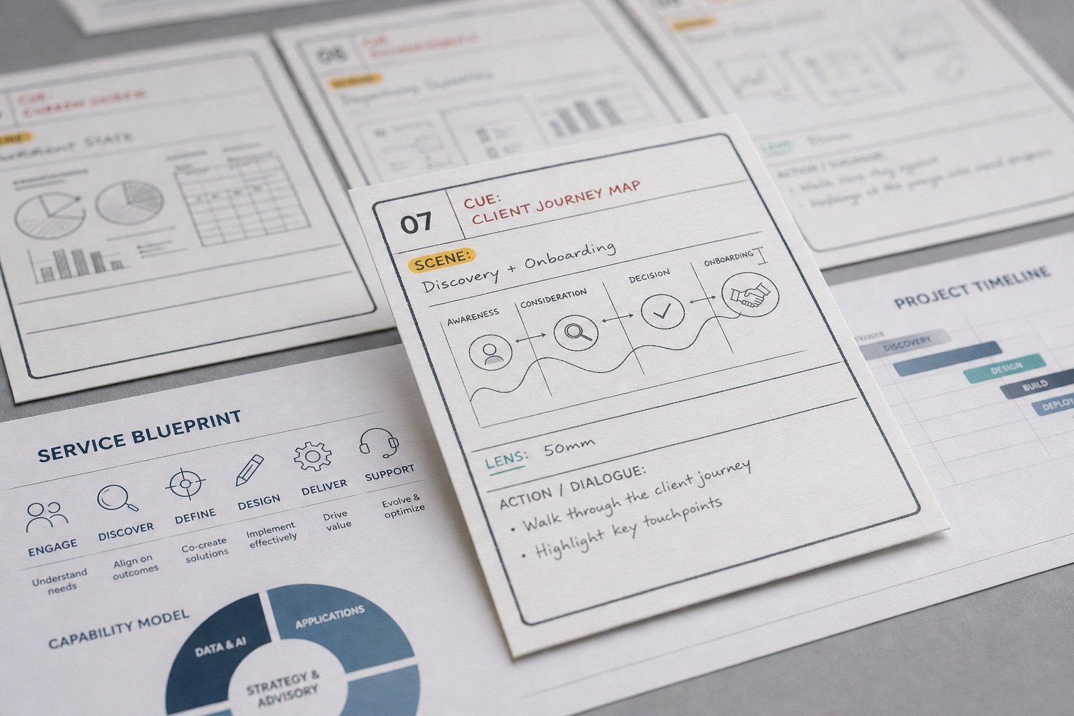 Analytics service planning cards with cue labels